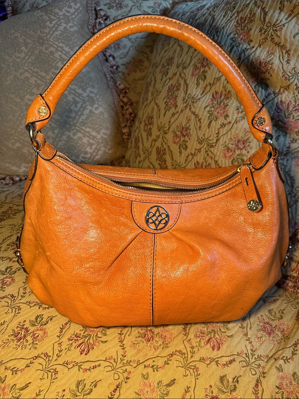 Orange Leather Hobo Shoulder Bag - Women